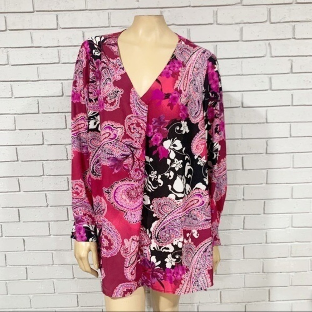 Chenault Plus Magenta Paisley Floral V-Neck Tunic Blouse Boho Long Sleeve 1X
